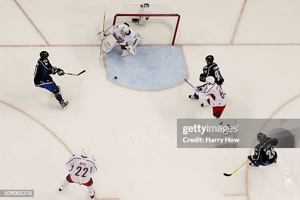 Carey Price of the Montreal Canadiens and Team Staal defends against against Team Lidstrom in the 58th NHL All-Star Game at RBC Center on January 30,...