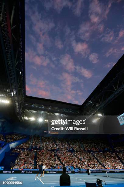 Red sky can be seen in the mixed doubles final between Belinda Bencic and Roger Federer of Switzerland and Angelique Kerber and Alexander Zverev of...