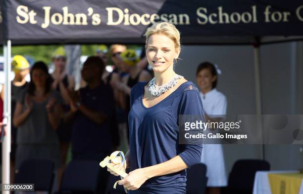 Former South African Olympic swimmer and future Princess of Monaco Charlene Wittstock officially opens a swimming pool during her visit St Johns...