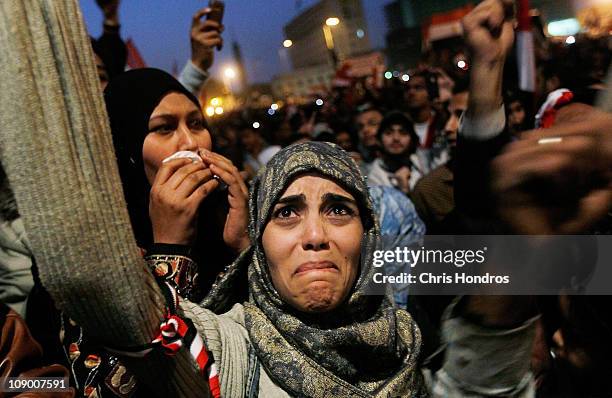 Woman cries in Tahrir Square after it is announced that Egyptian President Hosni Mubarak was giving up power February 11, 2011 in Cairo, Egypt. After...