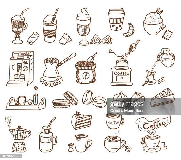 ilustraciones, imágenes clip art, dibujos animados e iconos de stock de set de café tema doodle - pastel de queso