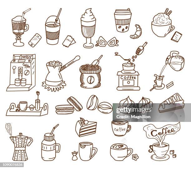 coffee theme doodle set - old coffee machine stock illustrations
