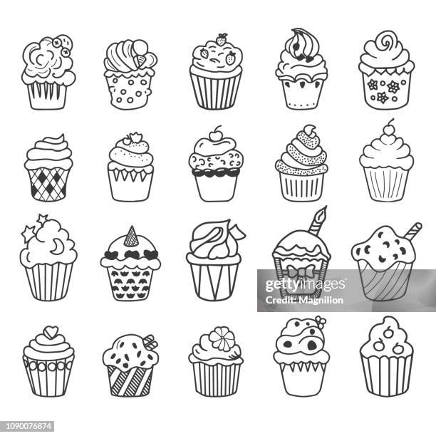 ilustraciones, imágenes clip art, dibujos animados e iconos de stock de magdalena vector doodles conjunto - pasteles de hada