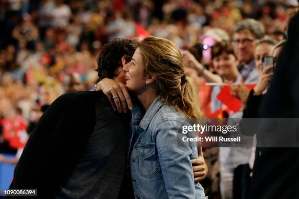 Roger Federer of Switzerland embraces his wife Mirka Federer after winning the Hopman Cup during day eight of the 2019 Hopman Cup at RAC Arena on...