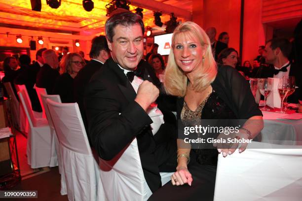 Bavarian Prime Minister and his wife Karin Soeder during the 46th German Film Ball party at Hotel Bayerischer Hof on January 26, 2019 in Munich,...