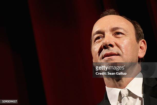 Actor Kevin Spacey speaks on stage after the 'Margin Call' Premiere during day two of the 61st Berlin International Film Festival at Berlinale Palace...