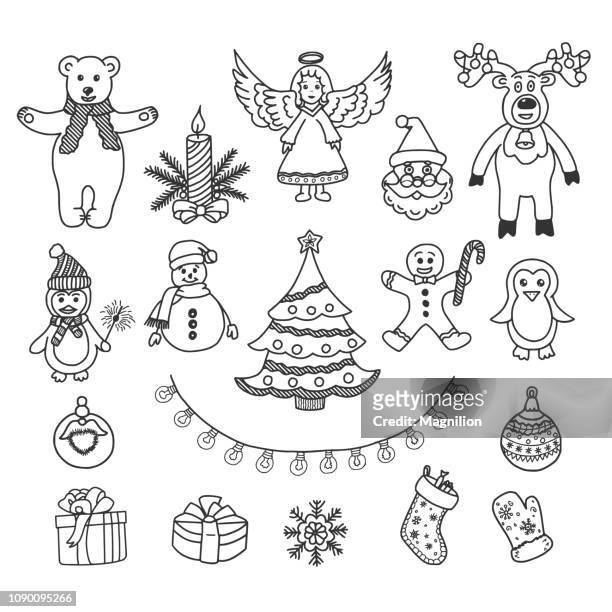 christmas vector doodles set - penguin icon stock illustrations