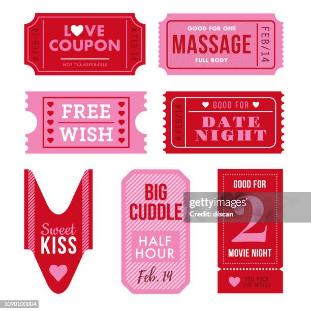 ilustraciones, imágenes clip art, dibujos animados e iconos de stock de conjunto de entradas de día de san valentín y cupón. - día de san valentín