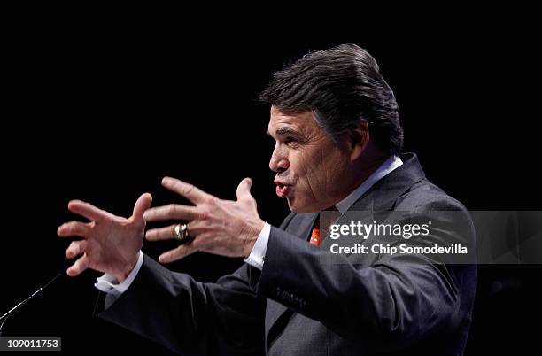 Texas Governor Rick Perry addresses the Conservative Political Action Conference at the Marriott Wardman Park February 11, 2011 in Washington, DC. A...