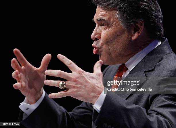 Texas Governor Rick Perry addresses the Conservative Political Action Conference at the Marriott Wardman Park February 11, 2011 in Washington, DC. A...