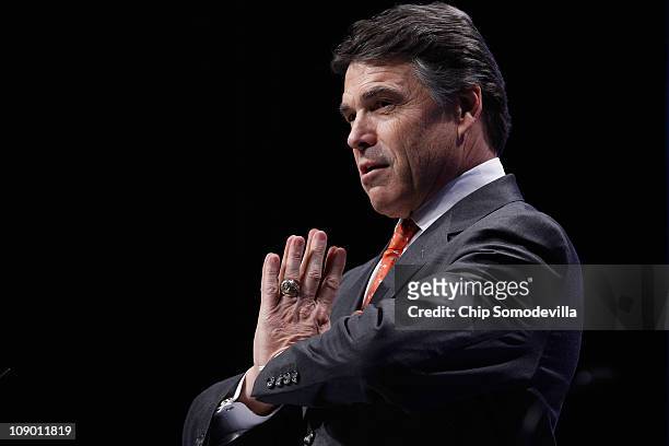 Texas Governor Rick Perry addresses the Conservative Political Action Conference at the Marriott Wardman Park February 11, 2011 in Washington, DC. A...
