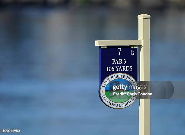 Tee sign at the 7th hole during the second round of the AT&T Pebble Beach National Pro-Am at Pebble Beach Golf Links on February 11, 2011 in Pebble...