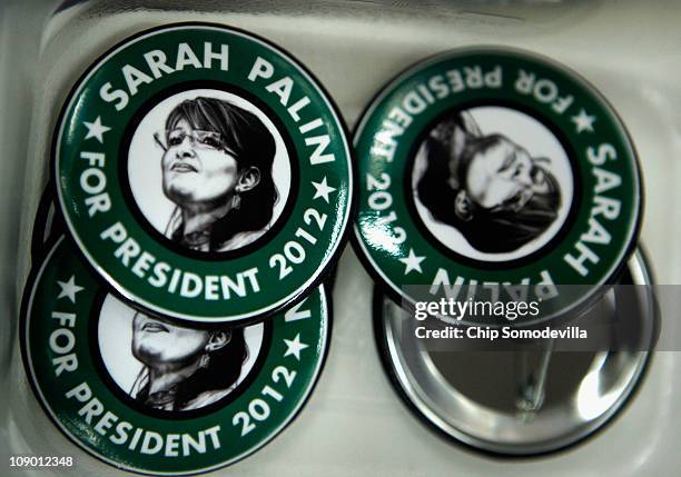 Political buttons featuring former Alaska Governor Sarah Palin are for sale at the Conservative Political Action Conference at the Marriott Wardman...