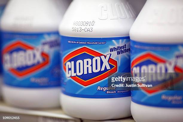 Bottles of Clorox bleach sit on a shelf at a grocery store on February 11, 2011 in San Francisco, California. Shares of Clorox stock rose 7.6 percent...