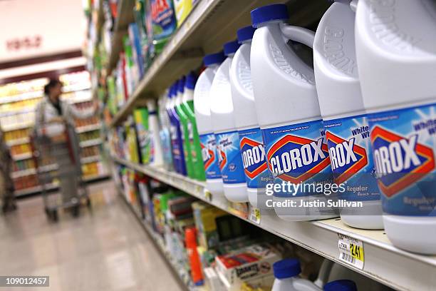 Bottles of Clorox bleach sit on a shelf at a grocery store on February 11, 2011 in San Francisco, California. Shares of Clorox stock rose 7.6 percent...