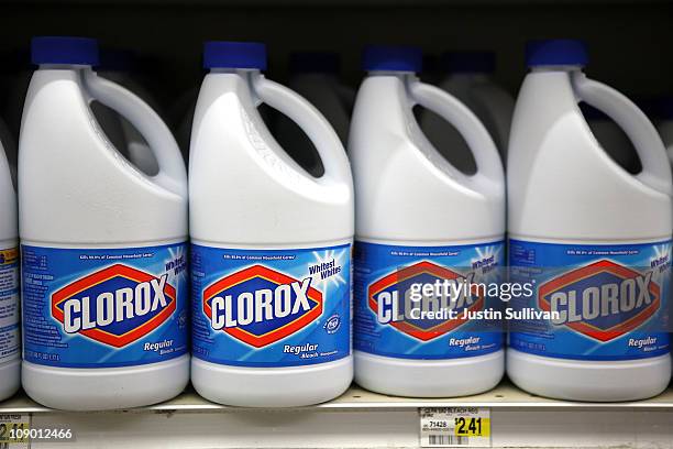 Bottles of Clorox bleach sit on a shelf at a grocery store on February 11, 2011 in San Francisco, California. Shares of Clorox stock rose 7.6 percent...