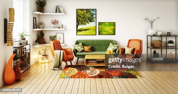 70s style living room - furniture living room imagens e fotografias de stock