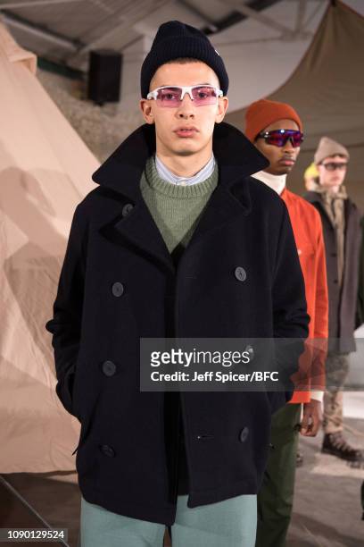 Model poses at the Wood Wood Presentation during London Fashion Week Men's January 2019 at Shoreditch Studios on January 05, 2019 in London, England.