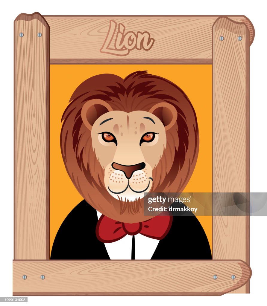 Red bow tie lion and Wooden Frame