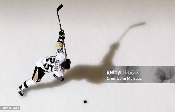 Maxime Talbot of the Pittsburgh Penguins warms up before playing against the New York Islanders on February 11, 2011 at Nassau Coliseum in Uniondale,...