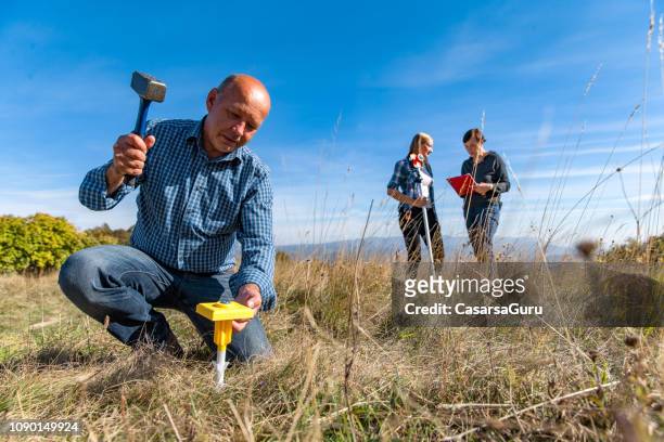 surveyors finishing measurements and hammering boundary marker - land boundary stock pictures, royalty-free photos & images
