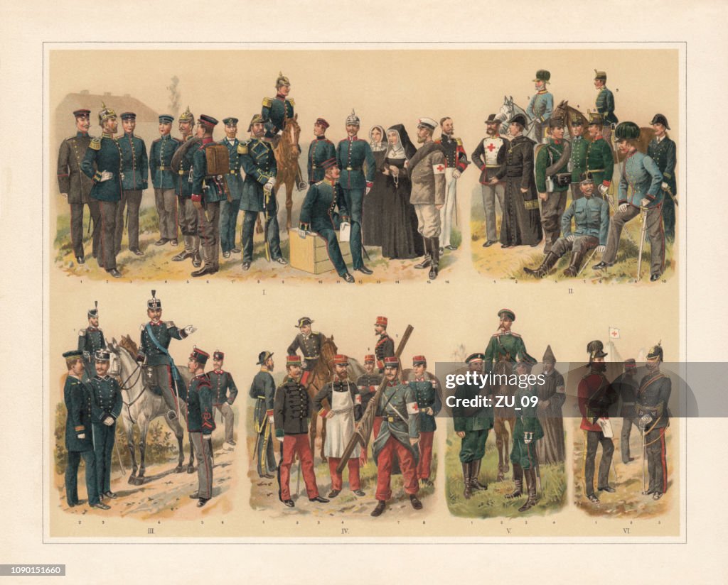 Ambulance troops of European nations, chromolithograph, published in 1897