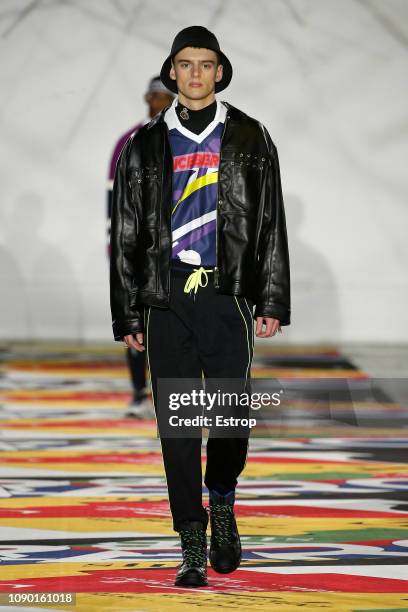 Model walks the runway at the Iceberg show during London Fashion Week Men's January 2019 at the BFC Show Space on January 5, 2019 in London, England.