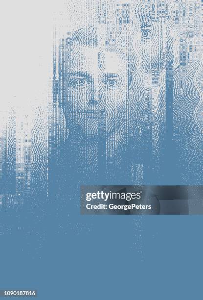 portrait of male cyborg with glitch technique - double exposure portrait stock illustrations