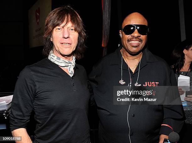 Jeff Beck and Stevie Wonder attends 2011 MusiCares Person of the Year Tribute to Barbra Streisand at Los Angeles Convention Center on February 11,...