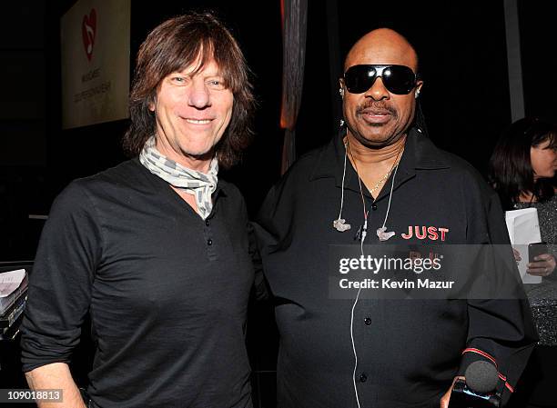 Jeff Beck and Stevie Wonder attends 2011 MusiCares Person of the Year Tribute to Barbra Streisand at Los Angeles Convention Center on February 11,...