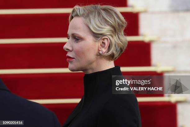 Princess Charlene of Monaco arrives at the Monaco Cathedral during Sainte Devote Celebrations in Monaco on January 27, 2019. - Saint Devote is the...