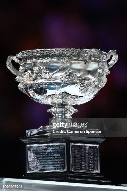The Norman Brookes Challenge Cup is seen following the Men's Singles Final match between Novak Djokovic of Serbia and Rafael Nadal of Spain during...