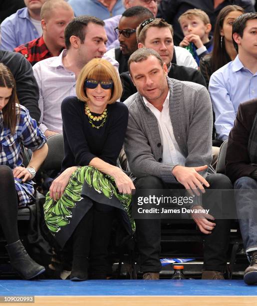 Anna Wintour and Liev Schreiber attend the Los Angles Lakers vs New York Knicks game at Madison Square Garden on February 11, 2011 in New York City.