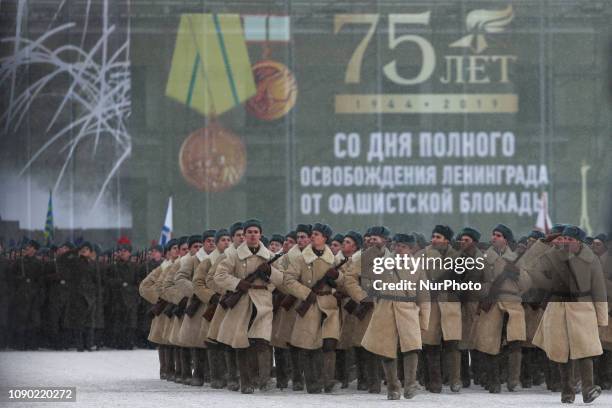 Russian servicemen involved in a military parade held in St Petersburg's Dvortsovaya Square, Russia, on 27 January 2019 to mark the 75th anniversary...