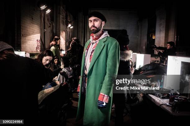 Charles Jeffrey backstage ahead of the Charles Jeffrey Loverboy show during London Fashion Week Men's January 2019 at the Wapping Hydraulic Power...