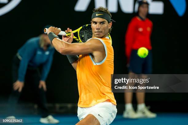 Rafael Nadal of Spain returns the ball during the final on day 14 of the Australian Open on January 27 2019, at Melbourne Park in Melbourne,...