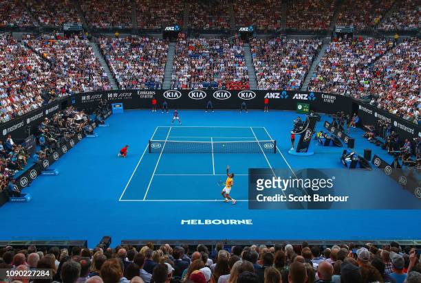 General view inside Rod Laver Arena during the Men's Singles Final match betwen Novak Djokovic of Serbia and Rafael Nadal of Spain during day 14 of...