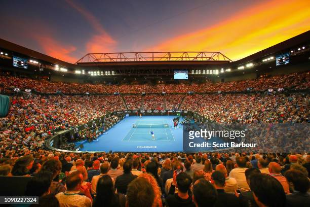General view inside Rod Laver Arena at sunset during the Men's Singles Final match betwen Novak Djokovic of Serbia and Rafael Nadal of Spain during...