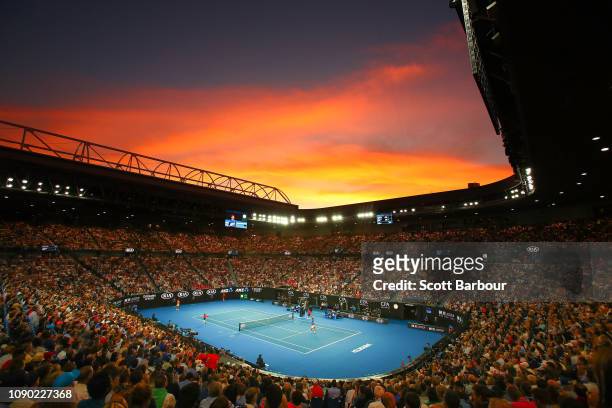General view inside Rod Laver Arena at sunset during the Men's Singles Final match betwen Novak Djokovic of Serbia and Rafael Nadal of Spain during...