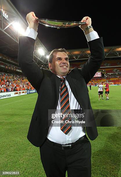 Brisbane Roar coach Ange Postecoglou celebrates after winning the Premiership plate at Suncorp Stadium on February 12, 2011 in Brisbane, Australia.