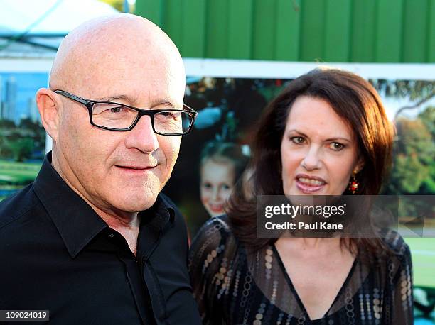 Kim Ledger and Sally Bell talk to the media during a Heath Ledger tribute outdoor movie night at Burswood Park on February 12, 2011 in Perth,...