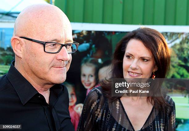 Kim Ledger and Sally Bell talk to the media during a Heath Ledger tribute outdoor movie night at Burswood Park on February 12, 2011 in Perth,...