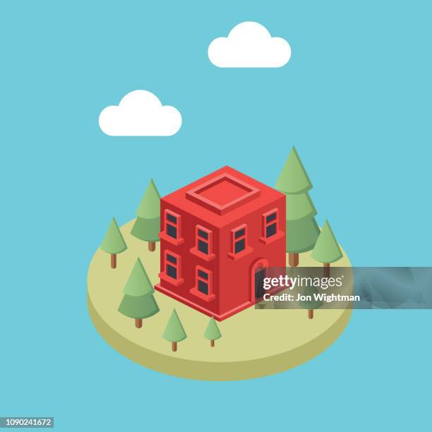 isometric building concept - single on round base - view from plane window stock illustrations