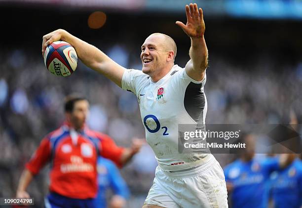 Mike Tindall of England celerbates as he scores his team's fourth try during the RBS 6 Nations Championship match between England and Italy at...