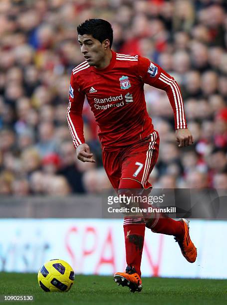 Luis Suarez of Liverpool in action during the Barclays Premier League match between Liverpool and Wigan Athletic at Anfield on February 12, 2011 in...