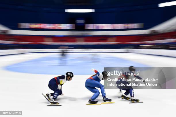 Marc Gonzales of the Philippines, Bor Luka Urlep of Slovakia and Hazim Shahrum of Malaysia compete in the men's 1000m ranking final preliminary round...