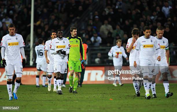 Player of Moenchengladbach are seen after loosing the Bundesliga match between FC St.Pauli and Borussia Moenchengladbach at Millerntor Stadium on...