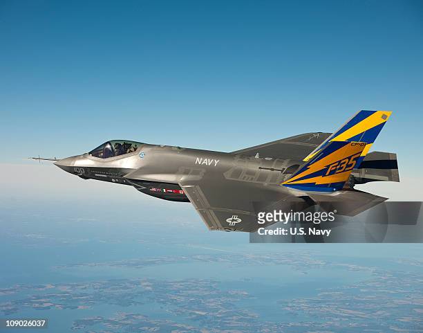 In this image released by the U.S. Navy courtesy of Lockheed Martin, the U.S. Navy variant of the F-35 Joint Strike Fighter, the F-35C, conducts a...
