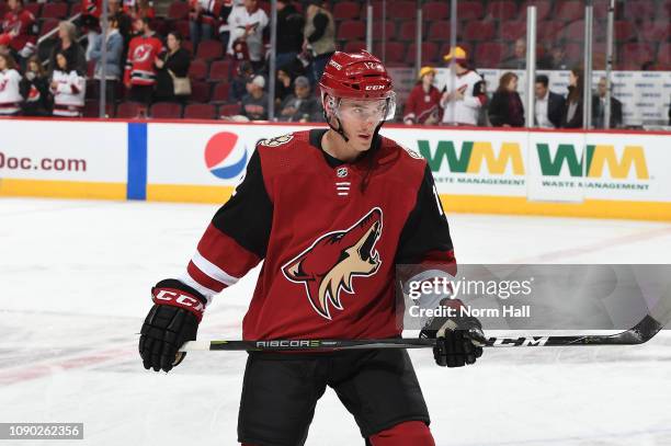 Laurent Dauphin of the Arizona Coyotes prepares for a game against the New Jersey Devils at Gila River Arena on January 4, 2019 in Glendale, Arizona.