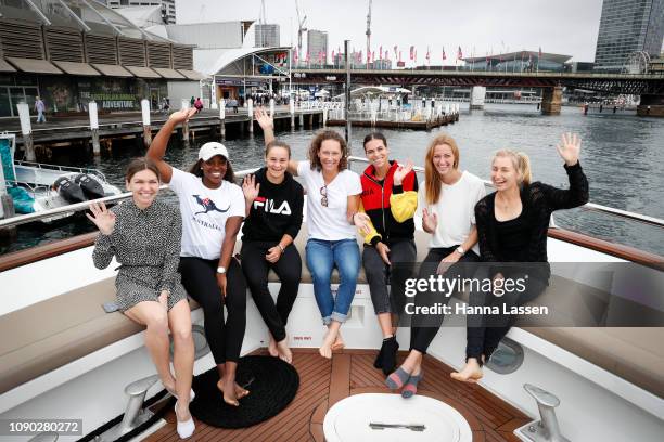 Simona Halep, Sloane Stephens, Ashleigh Barty, Samantha Stosur, Petra Kvitova and Daria Gavrilova pose during a media opportunity of the 2019 Sydney...
